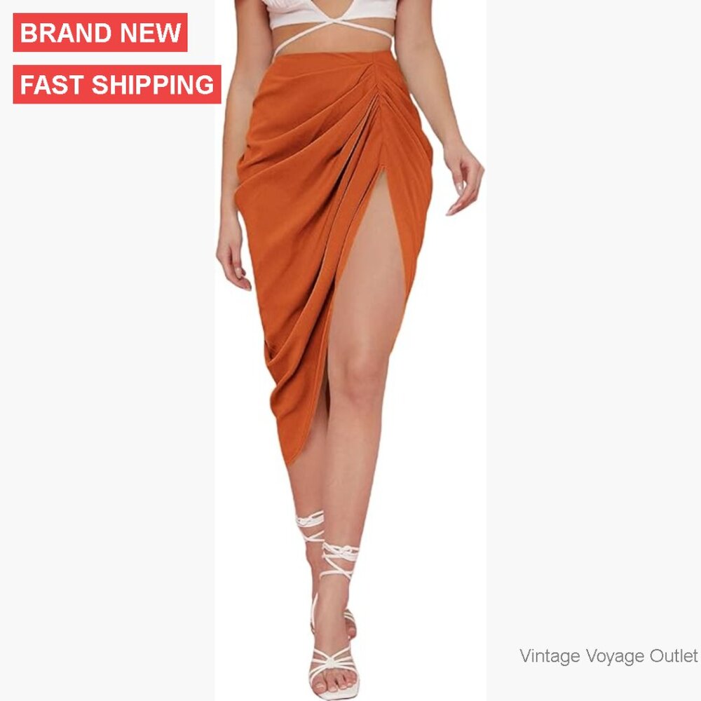 High Waist Midi Skirt Split Thigh Front Ruched Zip Back Wrap Pencil
